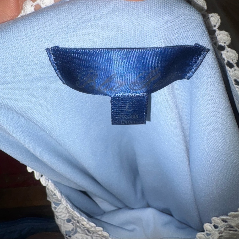 Blue Rain Women’s Mini Sleeveless Dress Blue and White Crocheted Lace Bodice L - Picture 5 of 6